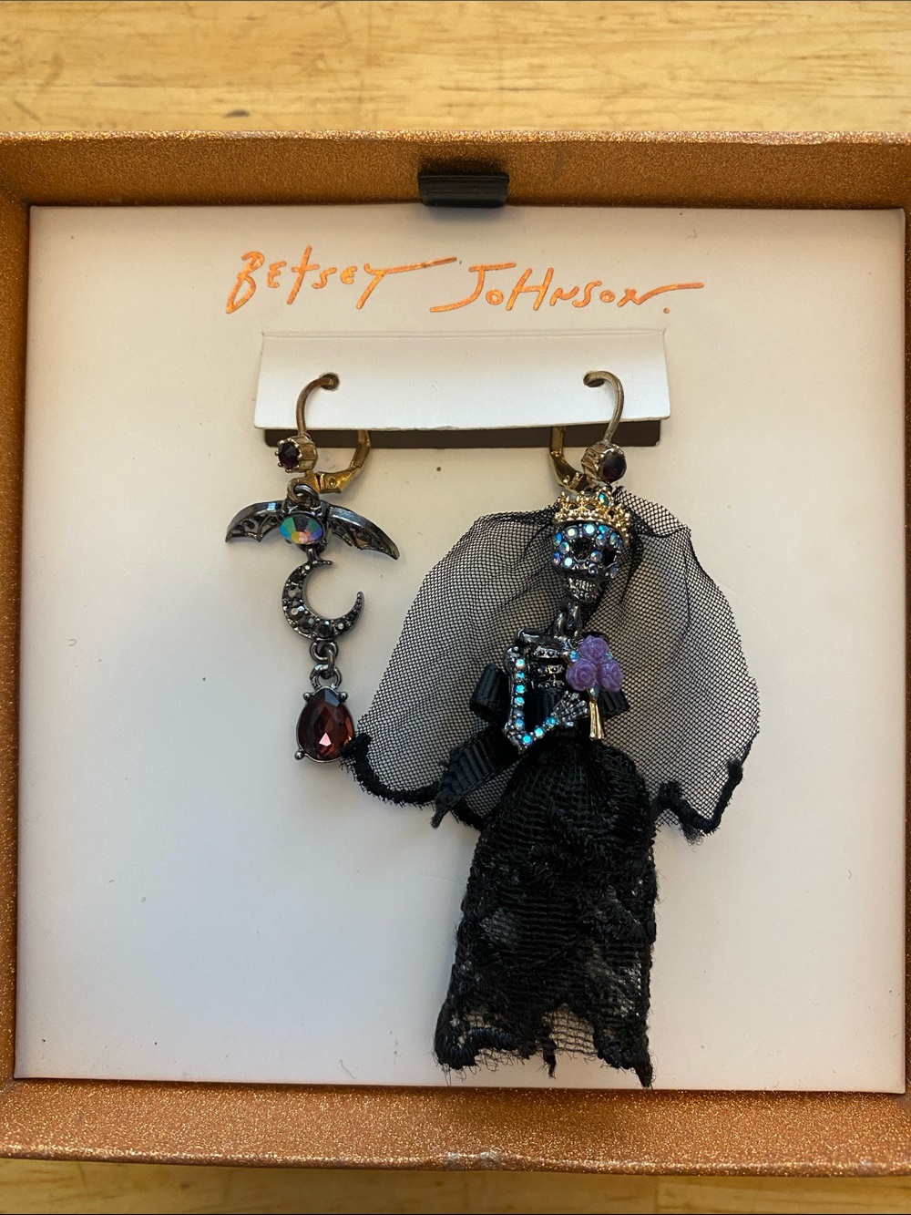 Betsey Johnson skeleton bride & bat mismatched drop Earrings with crystals NWT